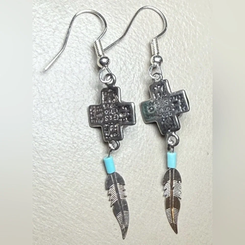 Vtg 925 Sterling Silver Southwestern Turquoise Feather Dangle Earrings by G&S